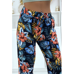 Pantalon fluide marine à motif floral B-29 - 3