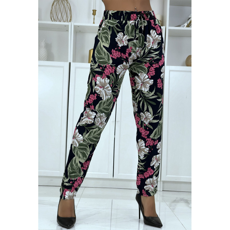 Pantalon fluide marine à motif floral B-21 - 1