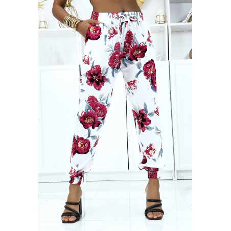 Pantalon blanc à fleurs fluide élastique à la taille et aux chevilles - 1