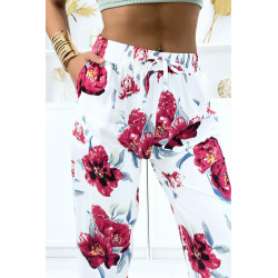 Pantalon blanc à fleurs fluide élastique à la taille et aux chevilles - 4