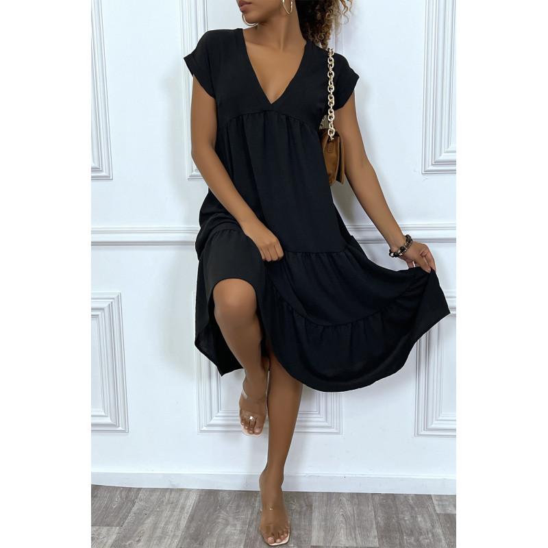 Robe fluide noir mi-longue col V - 1