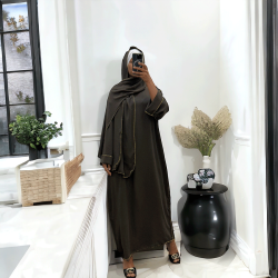 Robe abaya couleur marron avec foulard  intégré  - 2