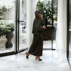 Robe abaya couleur marron avec foulard  intégré  - 3