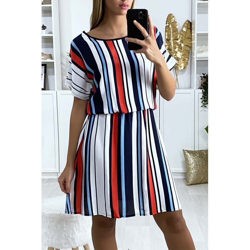 Robe tunique rayé motif rouge marine et blanc avec élastique à la taille - 3