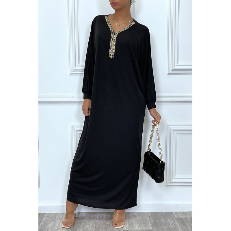 Abaya noire à encolure de strass et manches longues - 4