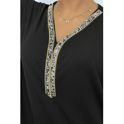 Abaya noire à encolure de strass et manches longues - 5