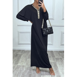 Abaya noire à encolure de strass et manches longues - 7