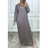 Abaya taupe à encolure de strass et manches longues - 1