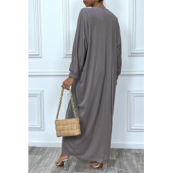 Abaya taupe à encolure de strass et manches longues - 6