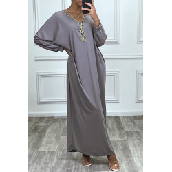 Abaya taupe à encolure de strass et manches longues - 8