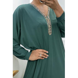 Abaya verte à encolure de strass et manches longues - 1