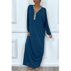 Abaya bleu canard à encolure de strass et manches longues - 3