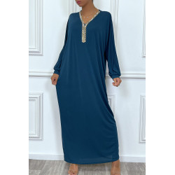 Abaya bleu canard à encolure de strass et manches longues - 4