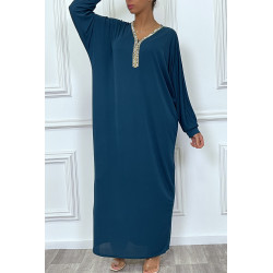 Abaya bleu canard à encolure de strass et manches longues - 5