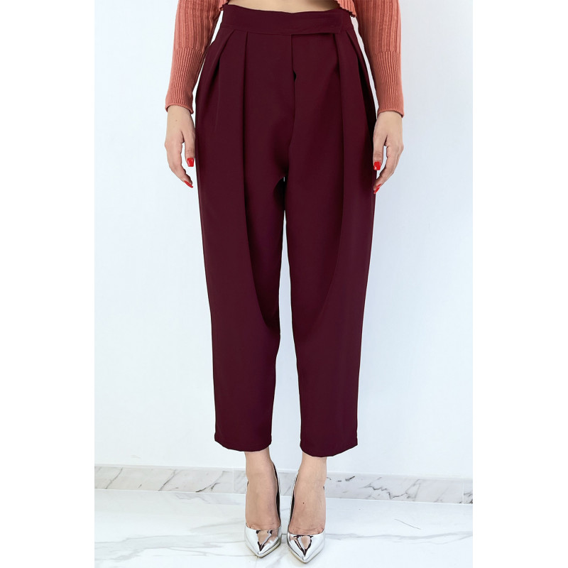 Pantalon bordeaux bouffant taille haute à pinces