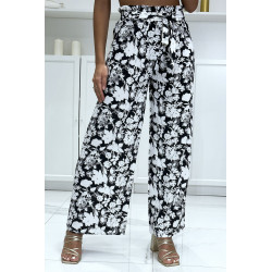 Pantalon palazzo noir et blanc motif fleuris tendance et chic 