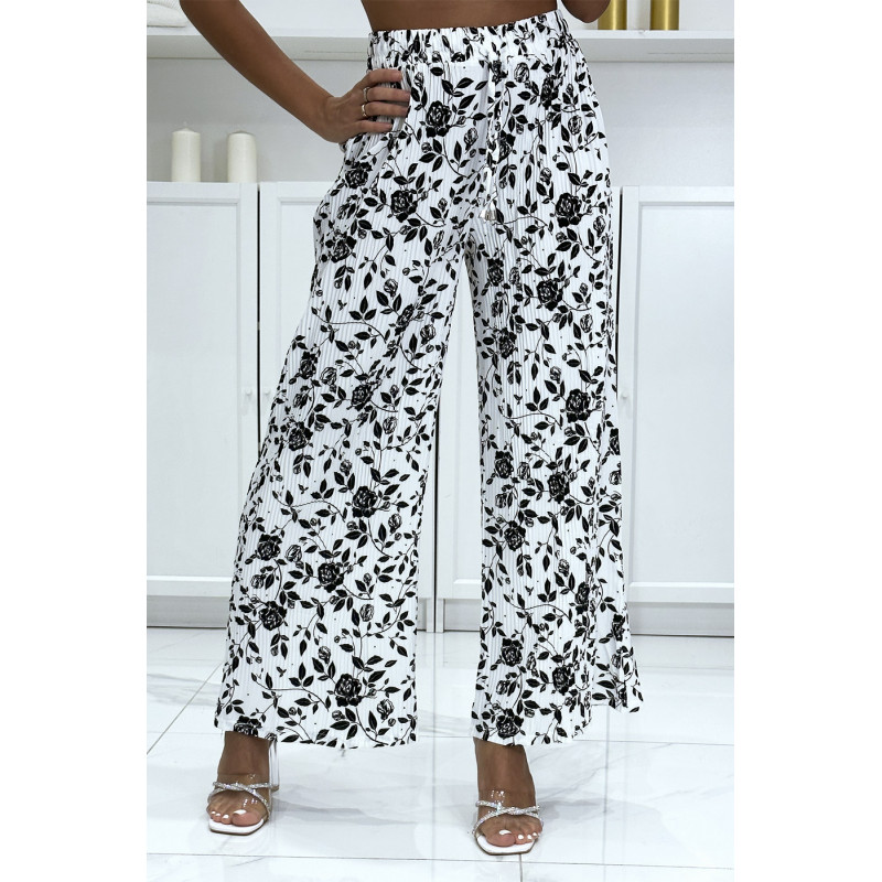 Pantalon palazzo plissé blanc motif fleuris très tendance