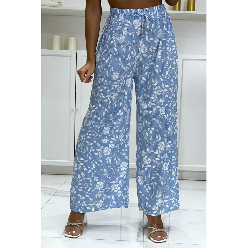 Pantalon palazzo plissé turquoise motif fleuris très tendance