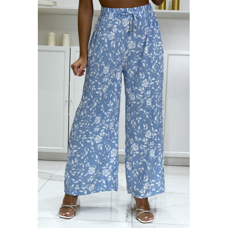 Pantalon palazzo plissé turquoise motif fleuris très tendance