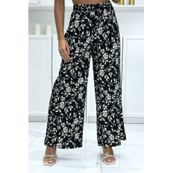 Pantalon palazzo plissé noir motif fleuris très tendance