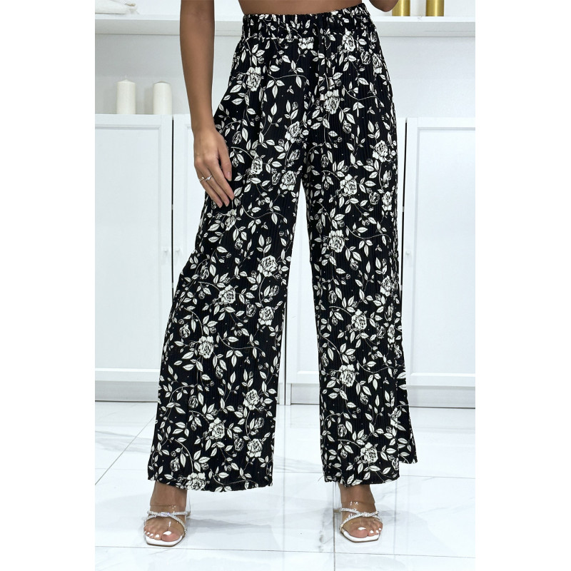 Pantalon palazzo plissé noir motif fleuris très tendance