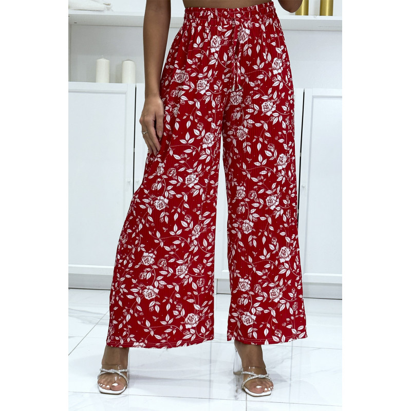 Pantalon palazzo plissé rouge motif fleuris très tendance