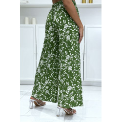 Pantalon palazzo plissé vert motif fleuris très tendance