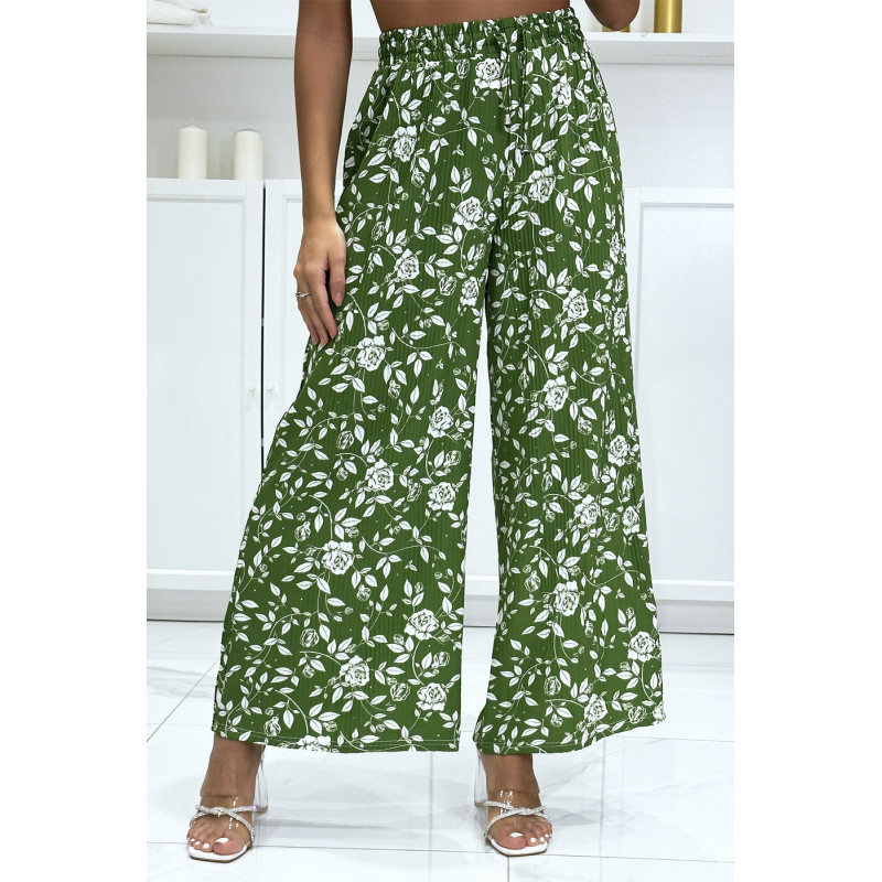 Pantalon palazzo plissé vert motif fleuris très tendance