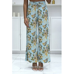 Pantalon palazzo plissé turquoise à motif fleuris