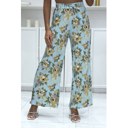 Pantalon palazzo plissé turquoise à motif fleuris