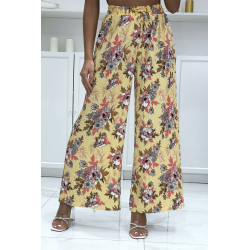 Pantalon palazzo plissé jaune à motif fleuris