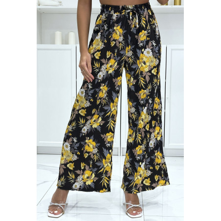 Pantalon palazzo plissé noir à motif fleuris