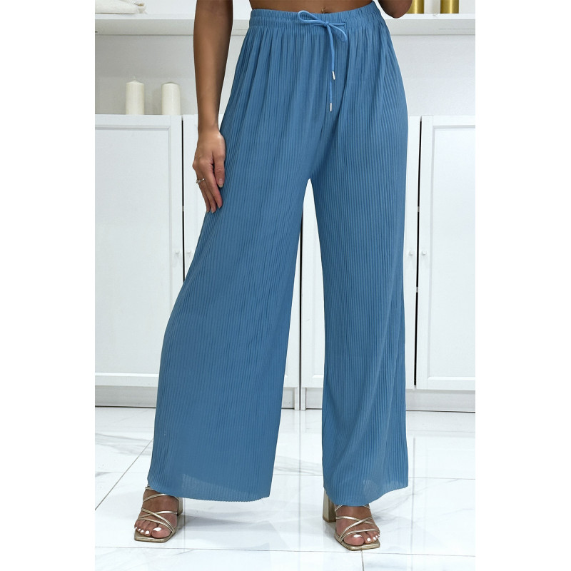 Pantalon palazzo bleu plissé très tendance - 3